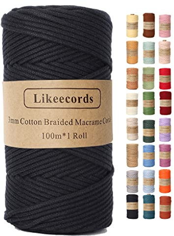 Likeecords Makramee Garn Geflochten 3mm x 100m,100% Natürliches Baumwollschnur Makramee-Schnur, Makramee-Seil, Bunte Bastelkordel aus Baumwolle für Taschen, Wandbehänge, Pflanzenaufhänger (schwarz)