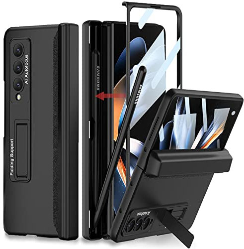 COCOING for Samsung Galaxy Z Fold 4 Case with Pen Holder,Hinged Cover Built-in with Pen Slot,with Screen Protector&Adjustable Bracket,Slim and Drop Resistant Case for Galaxy Z Fold 4 2022 (Black)