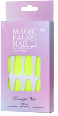 24PCS Kit d'ongles, Simple et Rapide Long Fake Nails Design Art Luminous Nails Kit Faux Ongles Fake Nails Set D'autocollants kit d'ongles Pose Américaine pour Femmes et Filles Jaune Clair