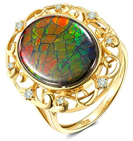 Engagement Ring Gold Diamond, Ring Damen Verlobung 18K Weinrebe Retro Oval Ringe Ammolit 4,05ct Eheringe Schmuck Geschenke für Frauen