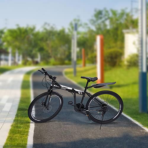 KOLHGNSE Klappfahrrad Mountainbike, 26 Zoll MTB Mountainbike Hochkohlenstoffstahl 21-Gang Scheibenbremsen Klapprad Citybike für Berg-, Stadt- und andere Fahrten (Schwarz+Weiß)