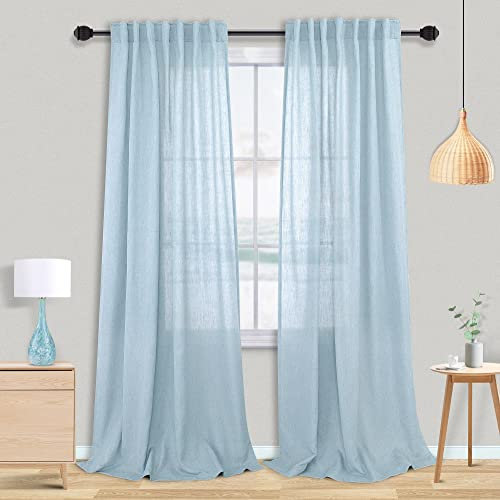 Hellblaue Leinenvorhänge, 228 cm lang für Wohnzimmer, Mädchen, Schlafzimmer, Kinderzimmer, Sommer, gemütliche Dekoration, Stangentasche, Rückseite, blasshimmelblau, Set, 2 Paneele für Esszimmer