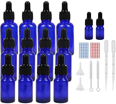 Episkey 14-Pack Flacon Compte-gouttes en Verre avec pipettes, 30/20/10/5ml vides Bleu Bouteilles compte-gouttes en verre pour les huiles essentielles Fragrances aromathérapie