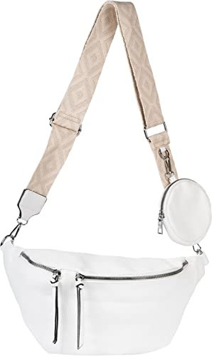 styleBREAKER Damen Halbmond Crossbody Schultertaschen Set 3-Teilig, Schultergurt mit Muster, Schlüsselanhänger, Börse 02012398, Farbe:Weiß