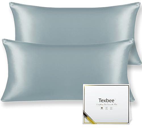 Texbee Seidenkissenbezug 40x80cm für Haar und Haut 2 Stück Beide Seiten 22 Momme Natürliche Kissenbezug Seide mit verstecktem Reißverschluss Weiche Atmungsaktive Glatte Standardgröße-Nebliges Blau