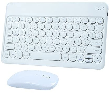Wireless Keyboard and Mouse Set - Cordless Slim Bluetooth, Silent, Rechargeable, Compatible With iPad Computer PC Laptop Windows Android iOS, White Round Key