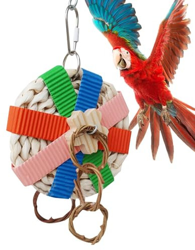 FOUNCY Juguete de Paja para pájaros - Juguete para Periquito, Periquito y cacatúa,con Gancho de Metal, Juguetes Coloridos de forraje para periquitos, Juguetes trituradores de Paja, de jardín