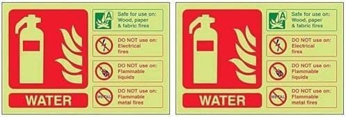 VSafety Glow In The Dark Water Id Fire Extinguisher Sign - 150mm x 100mm - Rigid Plastic (Pack of 2)