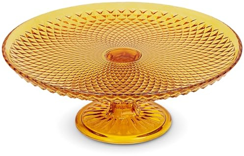 Amici Home Diamond Footed Glass Cake Stand | Round Vintage Style Cake Plate | Serving Platter for Cupcakes, Cookies | Dessert Display Stand for Parties, Weddings, and Gift | 10” D x 3.7” H (Amber)
