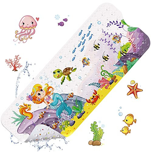 Tapis de Baignoire Antidérapant Bebe, 100x40cm Tapis de Bain Anti Glisse Tapis de Douche Résistant avec 200 Ventouse pour Enfants et Bébé, Matériel de PVC sans BPA Lavable en Machine (Sirène)