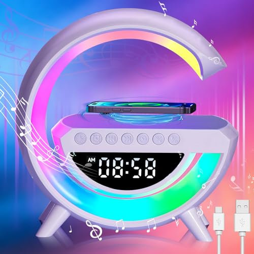 Wireless Speaker Charger, G Shaped LED Wireless Table Speaker Atmosphere Night Light with 15W Wireless Charger Led Alarm Clock Dimmable Ambient Light LED Wireless Charging Speaker for Office Bedroom