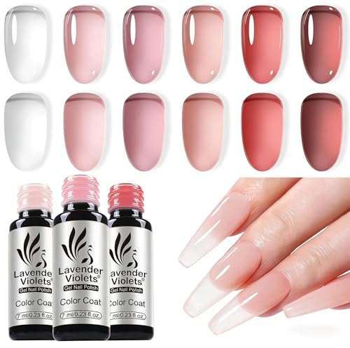 Lavender Violets 6 Pcs Gel Nail Polish Jelly Colours Transparent Sheer Milky Nude White Pink Crystal Clear Peach Translucent French Manicure Gel Polish Nail Art Starter Kit DIY Gift for Woman C204