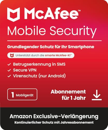 McAfee Mobile Security, Virenschutz-Software für 1 Gerät (Android/iOS), 1-Jahres-Abonnement, mit automatischer Verlängerung [Exklusives Amazon-Abonnement]