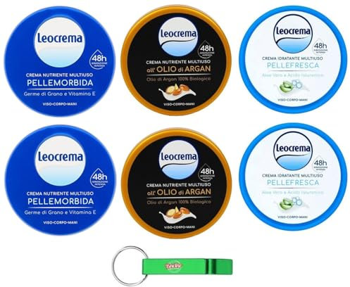 6x Testpaket Leocrema Feuchtigkeitscreme,Pflegecreme Ideal für Gesicht, Körper und Hände Körpercremes 150ml + Beni Culinari Kostenloser Schlüsselanhänger