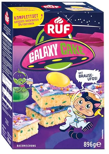 RUF Galaxy Cake Komplettset Backmischung für einen großen Blechkuchen mit bunter Glasur, Streuseln und süß-sauren Brause-Ufos, lustiger Backspaß mit Kindern, ideal für Geburstage