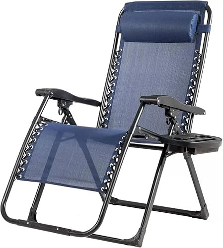 Zero Gravity Sun Lounger Chairs With Cup and Phone Holder Adjustable Headrest Pillow Folding Recliner Outdoor Garden Sunloungers For Camping Deck Chair Patio Beach Lounger (1, Navy Blue)