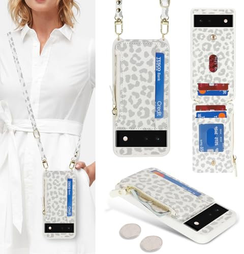 SailorTech Handyhülle für Google Pixel 6 mit Kartenfach, Verstellbarer Halskette und Reißverschluss Geldbörse - Weißer Leopard