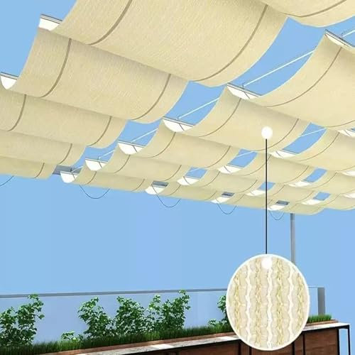 KDDEON UV-Schutz Sonnenschutznetz,Einziehbare Welle Überdachung Markise,Pergola Wellensegel,Sonnenraumterrasse Balkondach Wave Sonnensegel,Innenhof Beige U-Förmig Gleiten Rollo (0.5x3m/1.6x10ft)