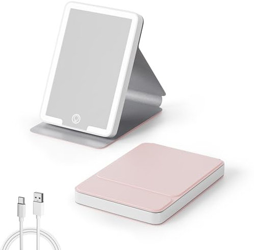 Kintion Reisespiegel mit Licht, Tragbarer LED-Schminkspiegel, Wiederaufladbarer Klappspiegel, Kosmetikspiegel mit Touchscreen, 3 Farbmodi, Kleiner Handtaschenspiegel für Frauen Geschenk, Rosa