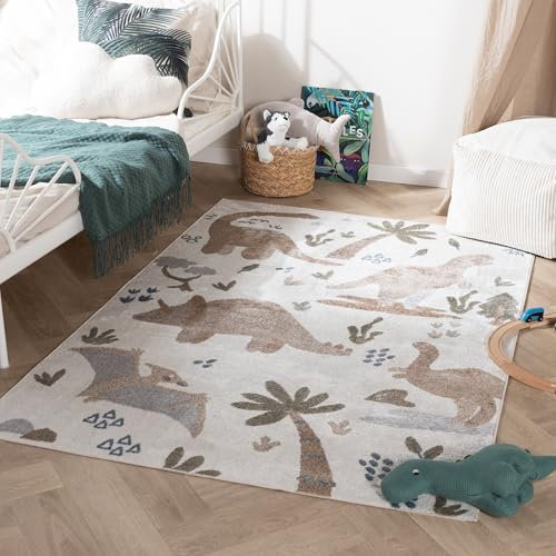 Little Olly Waschbarer Kinderteppich - Mace Dino Creme 140x200cm - Tier - Kinderzimmer, Babyzimmer - Jungen - Mädchen - Rug