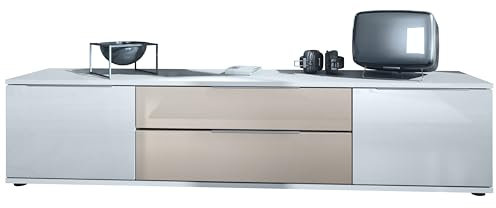Vladon TV Lowboard Linio V2, Fernsehtisch mit 2 Türen und 2 Schubladen – Weiß/Sandgrau Hochglanz (166,5 x 37,5 x 35 cm)