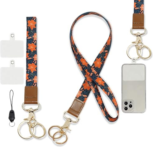 Vachelper Cell Phone Lanyard, Crossbody Neck Lanyard Print Wrist Strap Key Chain Universal Multi-Colour Flower Mobile Phone Chain with 2 Phone Patch Pad 4 Metal Buckle Rings for Smartphones ID Badge