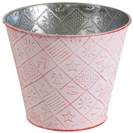 Runder Pflanztopf Winterdeko, Pflanzkübel in Ø 12 x 11 cm, Rot - Metall Pflanzschale als Weihnachtsdeko - Dekorative Blumenschale für Zimmerpflanzen, Blumentopf für Fensterbank oder Garten