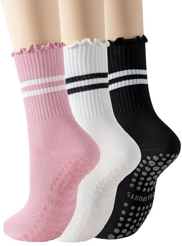 Pilates Grip Socken für Damen Frauen Rüschen Yoga Socken Rutschfeste Baumwolle Crew Stoppersocken für Barre Tanz Krankenhaus Fitness Trampolin Kampfsport Ballett Zuhause