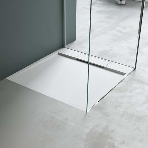 Mai & Mai Piatto Doccia in Marmo Resina Effetto Pietra Cemento | Superficie Antiscivolo con Piletta di Scarico | Forma Quadrata, 70x70x4cm, Bianco, Geoma04