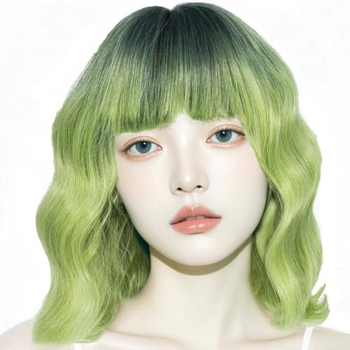 PARXITN Kurze Bob Perücke mit Pony Natürliches Ombre Grün Synthetisches Haar Bunt Täglich Party Halloween Cosplay Gewellte Lockige Perücken für Frauen