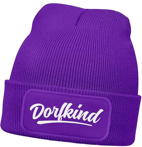 MoonWorks® Herren Beanie mit Patch Dorfkind Strickmütze mit Spruch Aufdruck Lustig Mütze Männer Lila Unisize