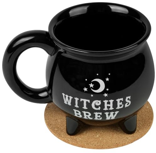HOTUT Witches Brew Cauldron Mug,Witches Brew Coffee Mug with Coaster,Gothic Tea Cup,Novelty Tea Coffee Soup Cup,Halloween Witchy Mugs,Funny Mugs for Christmas,Halloween,Birthday Presents (Black)