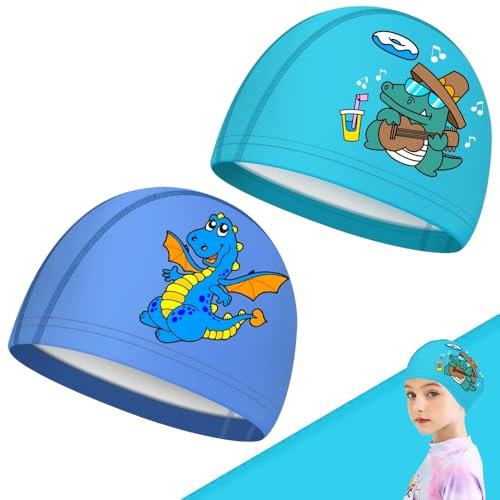 2 Piezas Gorro Piscina Niño, Gorro Natacion PU con Estampado De Dibujos Animados, Swimming Cap Impermeable Gorro Piscina para Niños Y Niñas De 6-12 Años, Azul