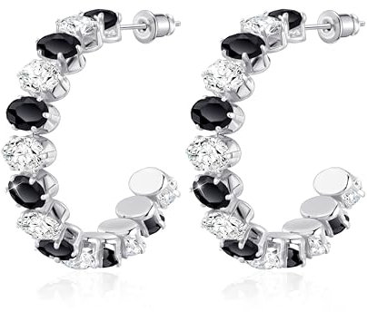 Linawe Schwarz Ohrringe Silber Hängend, Creolen Groß Ohringe Edelstahl Damen, Hypoallergene Ohrhänger mit Stein, Modeschmuck Hängende Ohrringe Ohrschmuck Weißgold, Silberne Creolen Nickelfreie