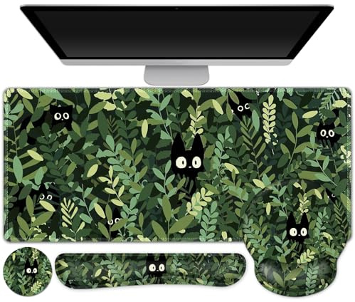 Large Desk Mat, Cute Anime Cats Gaming Mouse Pad, Desk Pad Protector, XXL Mousepad + Keyboard Wrist Rest+Mouse Wrist Rest+Coaster Set with Ergonomic Desk Pad for Home Office PC Computer, Green Leaves