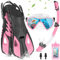 IEEILULU Masque Plongée Anti Buée et Tuba Sec, Kit de Plongée Adulte 7 Pièces avec Palmes Réglables, Pochette Étanche, Bouchons d'oreille, Kits de Randonnée Aquatique pour Homme Femme (Rose, L/XL)