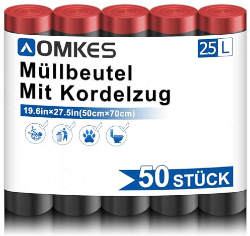 AOMKES Schwarz Müllbeutel 25L mit Zugband Reißfest Müllsäcke mit Tragegriff Abfallsack für Küche,Büro,Bad,50 Stück Mülltüten