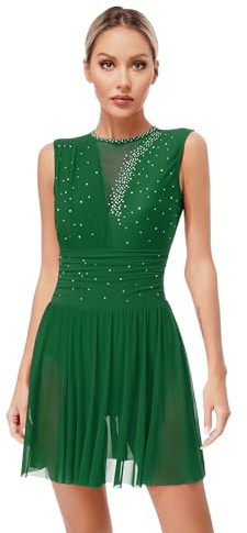 Miaeowve Kürkleider Eiskunstlauf Damen Strass Glitzer Rollkunstlauf Kleid Ärmellos Ballettkleid Rückenfrei Tanzkleid Wettebwerb Tanzkostüm
