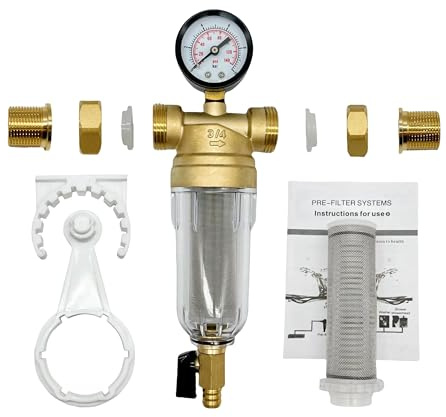 Spin Down Sediment Water Filter System with Pressure Gauge, 100 Micron Stainless Steel filter Mesh Pre-Filter for City/Well Water, 1 MNPT & 3/4 FNPT/MNPT Ports, Easy Backwash Cleaning