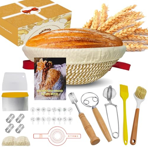 Gärkörbchen, Gärkorb Brot 23cm Rund mit Griff - 27-Teiliges Brotkorb zum Brotbacken inkl. Teigschaber, Leineneinsatz, Teigrührer & Bürste, Brotbackzubehör Ideal für Anfänger & Profis