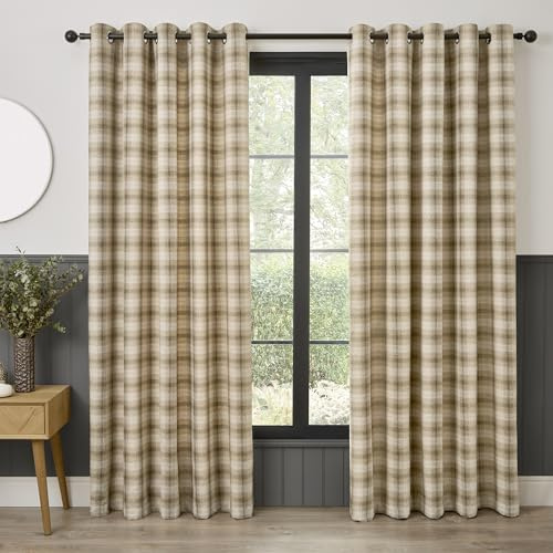 Curtina Everett Eyelet Curtains, Living Room, 168 x 137 cm, Natural, 100% Recycled Polyester, Light Filtering, Jacquard Woven, Checkered Pattern