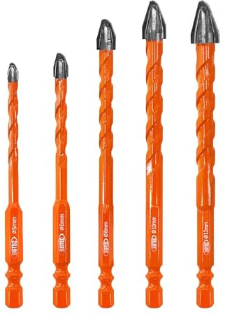 BGTEC Fliesenbohrer Set 5 tlg. Steinbohrer für Beton und Glas 5-12 mm | Sechskantschaft 6,35MM für Holz, Kunststoff, Ziegel, Fliesen, Glas, Marmor