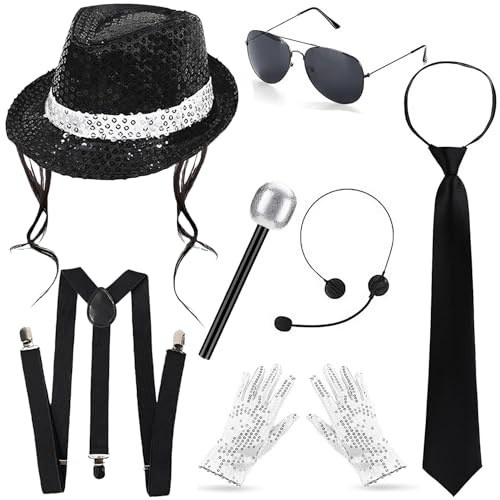 ZesGlyxyr MJ Kostüm Zubehör für Erwachsene, Cosplay Kostümzubehör Jazz Paillettenhut Hut Fake Mikrofon Sonnenbrille, Disco Kostüm 80s Popstar Rockstar Karneval Halloween Cosplay Zubehör-A