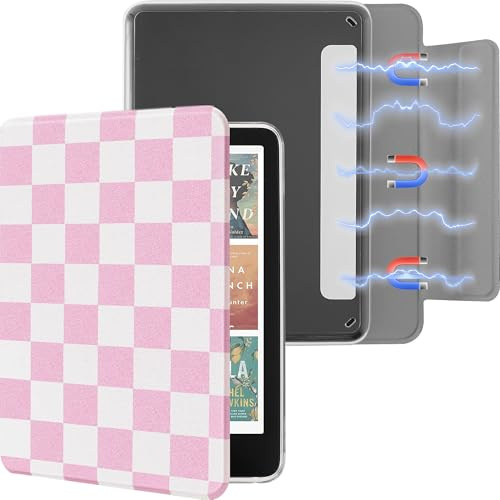 Litvana Detachable Magnetic Case for 7'' Kindle Paperwhite 12th Gen 2024 and Kindle Colorsoft Signature Edition, Slim PU Shell Cover Case with Auto Wake/Sleep, Pink and White Checkerboard