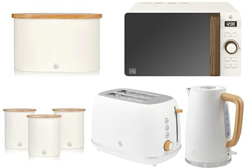 Swan Fjord White Jug Kettle and 2 Slice Toaster plus Nordic 800W 20L Microwave, Bread Bin and Canisters. Matching Scandinavian Inspired Design Kitchen Set. Part of the Swan Nordic Collection