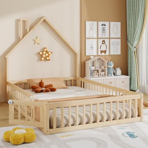 EURHCIO Lit 140 x 190 avec Sommier à Lattes Solide,Lit Cabane avec Porte,Barrière de lit Haute,pour Garçons,Filles,Pin