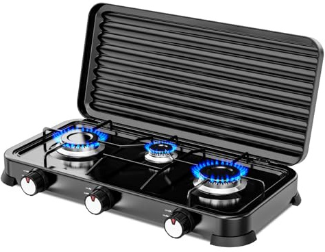 Cocina de Gas portátil de 3 fuego con parrilla, Apta para butano y propano, Tapa protectora extraíble, Ideal para camping, Ocupa poco espacio