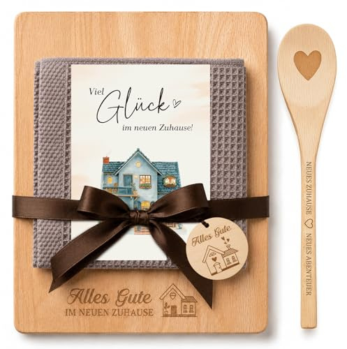 Giftota Einzugsgeschenke zum Einzug – Geschenk neues Zuhause mit graviertem Holzschneidebrett, Baumwolle Küchentuch & Kochlöffel Herz - Geschenk zur Hauseinweihung, Wohnung & Richtfest