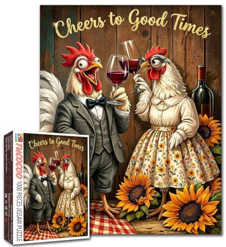 Funny Chicken Wine Puzzle 1000 Piece for Adults Farmhouse Couple Drinking Wine Rustic Sunflower Scene Jigsaw Puzzle 19.7 x 27.6 Inches Challenging Puzzles Gift for Family Friends Home Wall Decor