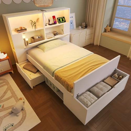 Goldicoo Kinderbett Jugendbett Einzelbett 90x200 cm Holzbett Weiß Stauraum LED USB Schubladen Regale Bettbank Lattenrost Kinderzimmer ohne Matratze